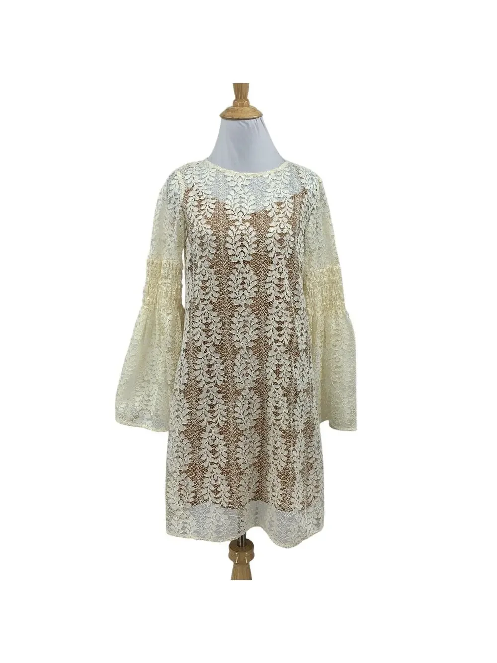 Michael Kors Dress Women Extra Small Ivory Sheer Lace Overlay Bell Sleeves Lined